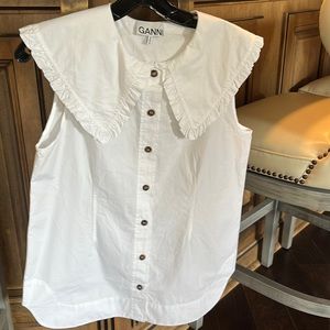 Ganni ruffle collar short sleeve blouse
